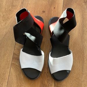 Arche ankle wrap sandals. White & red leather,black elastic straps. Euro size 38
